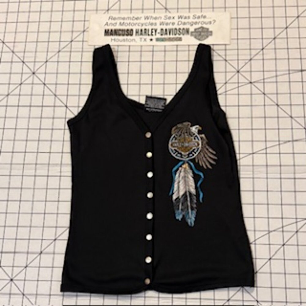 RARE 1991  HARLEY DAVIDSON TRIBAL DESIGN WOMEN TANK TOP SZ SM AND BUMPER STICKER